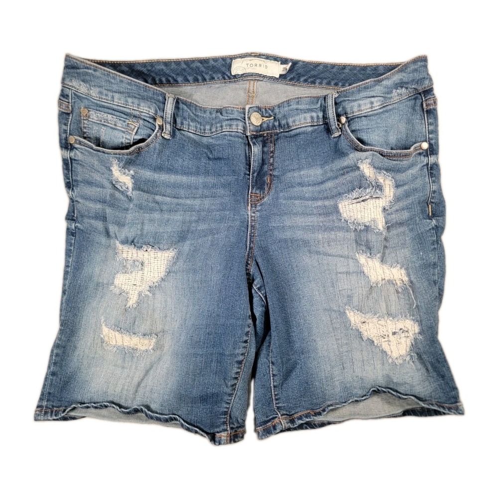 Torrid Bermuda Shorts Womens 18 Blue Stretch Denim Distressed Ripped Boyfriend